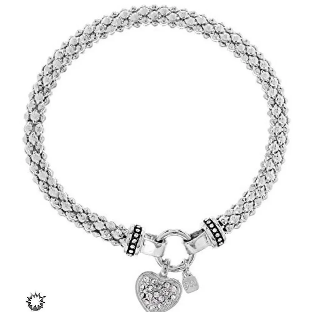 NIB~NINE WEST Silver Popcorn Chain Pave Crystal Heart Charm Bracelet